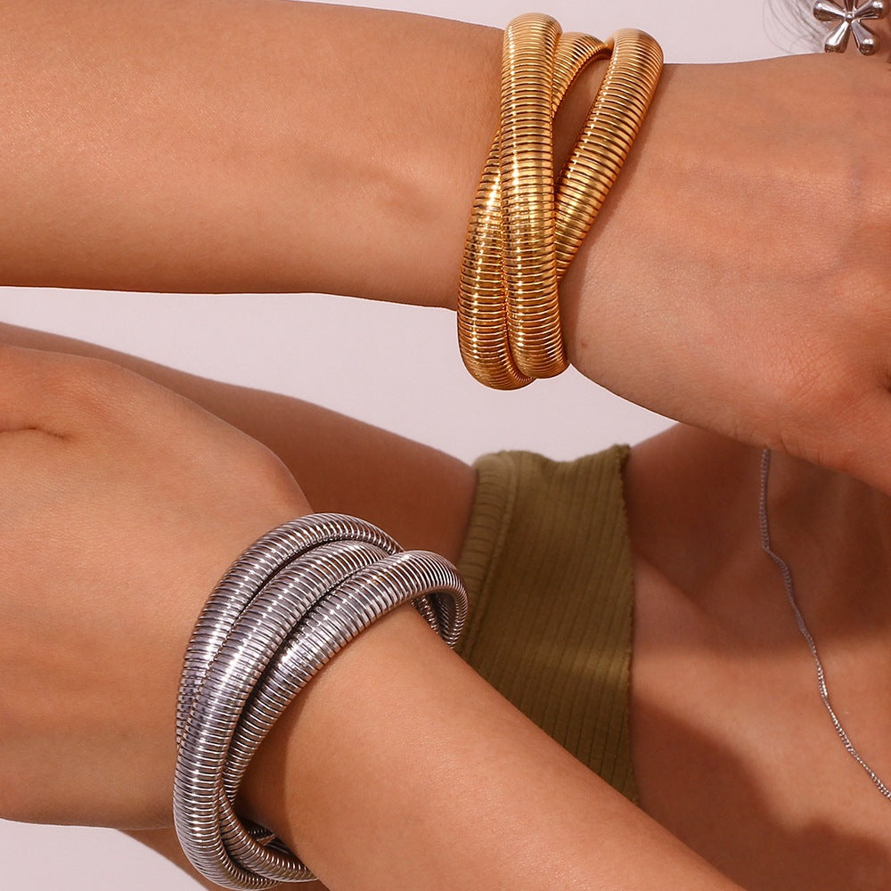 Minimalist Titanium Steel Bracelet with 18K Gold Plated Triple-Wrap Elastic Snake Chain for Women