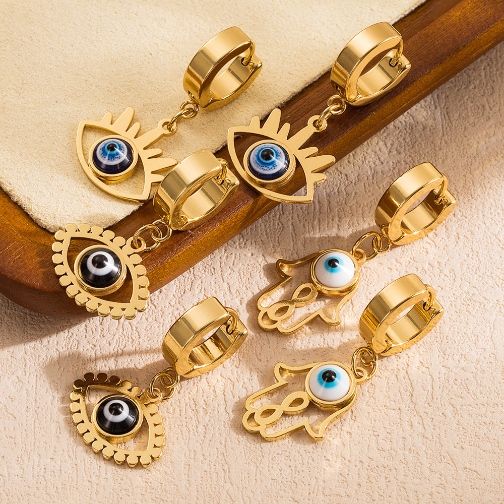 Pendientes de acero inoxidable geométricos dulces y atrevidos con forma de ojo de demonio para mujer con acabado chapado