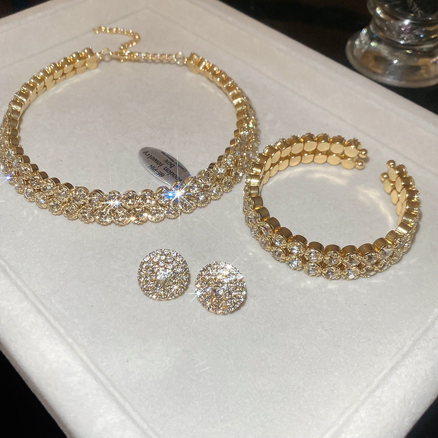 Luxury Rhinestone-Inlaid Round Double-Layer Necklace Bracelet Earrings Set for Women with Clavicle Chain Geometric Design Elegant Fashion Accessory