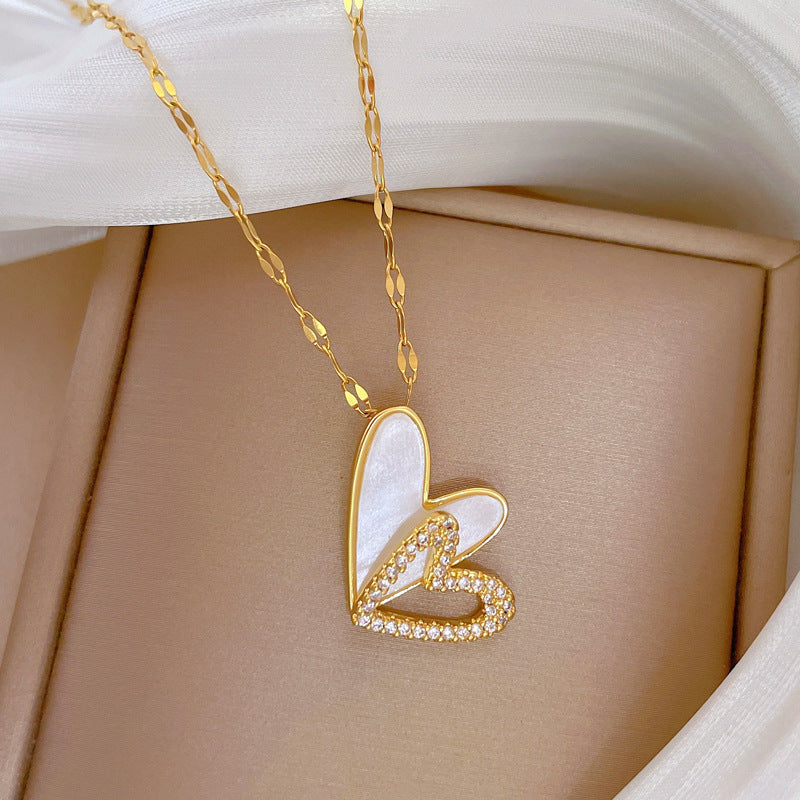 Elegant Hollow-Out Heart Pendant Necklace for Women Stainless Steel Double Layer Delicate Collarbone Chain with Rhinestone Accents