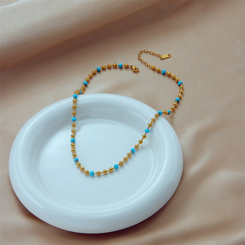 Minimalist Geometric Titanium Steel Plated Necklace with Turquoise Beads and Round Ball Chain for Women