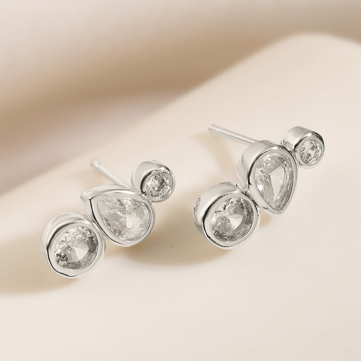 Geometric Asymmetrical Zircon Stud Earrings for Women Made of Copper with Real Gold Plating and Micro-Pavé Setting