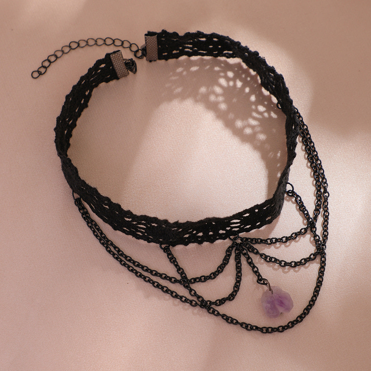 Sweet Casual Lace Choker Necklace with Purple Crystal Pendant and Tassel for Women