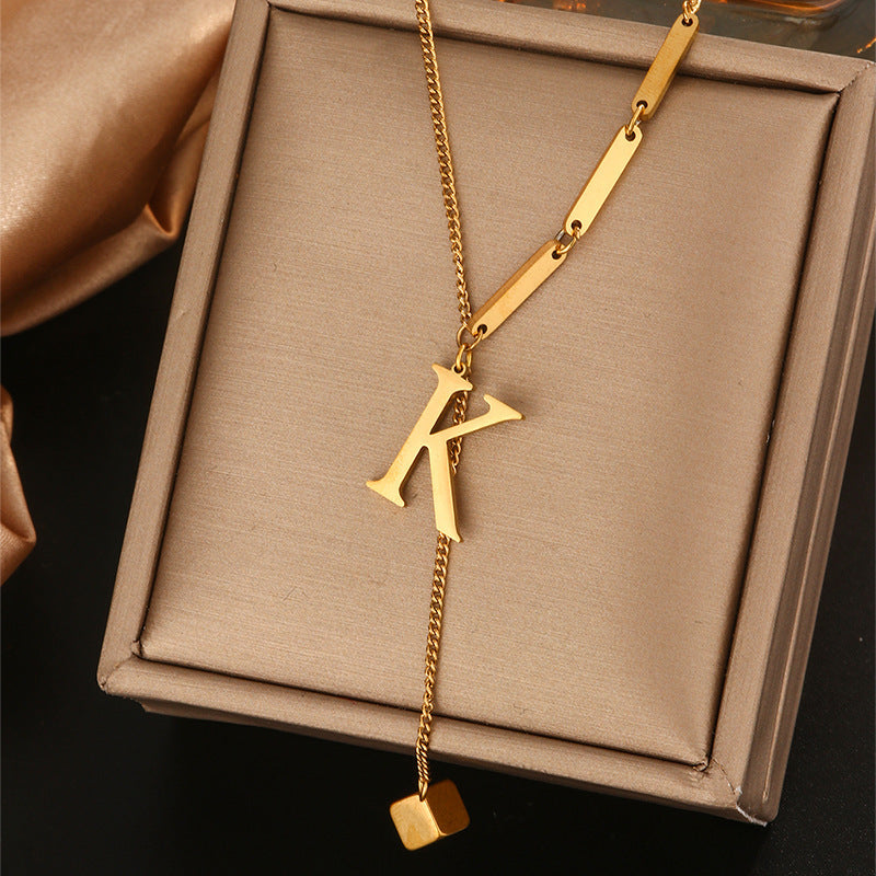 Minimalist Titanium Steel Letter Pendant Necklace with Tassel for Women