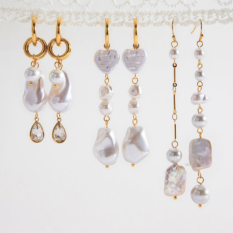 Pendientes Colgantes Geométricos Minimalistas con Perlas en Acero Inoxidable con Acabado Chapado para Mujer