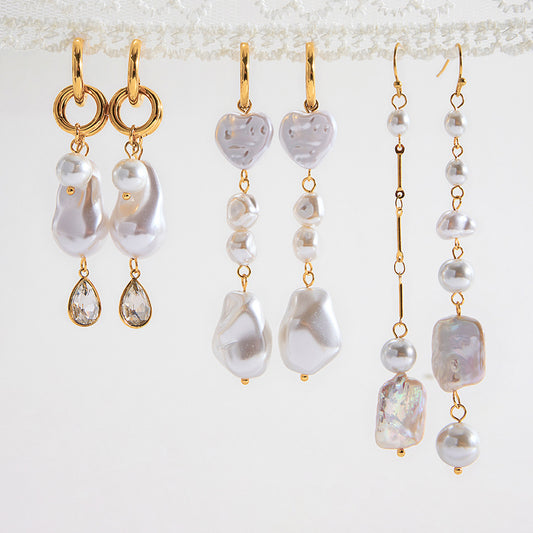 Pendientes Colgantes Geométricos Minimalistas con Perlas en Acero Inoxidable con Acabado Chapado para Mujer
