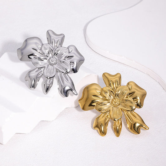 Minimalist Floral Open Ring in Stainless Steel with Gold Plating for Women