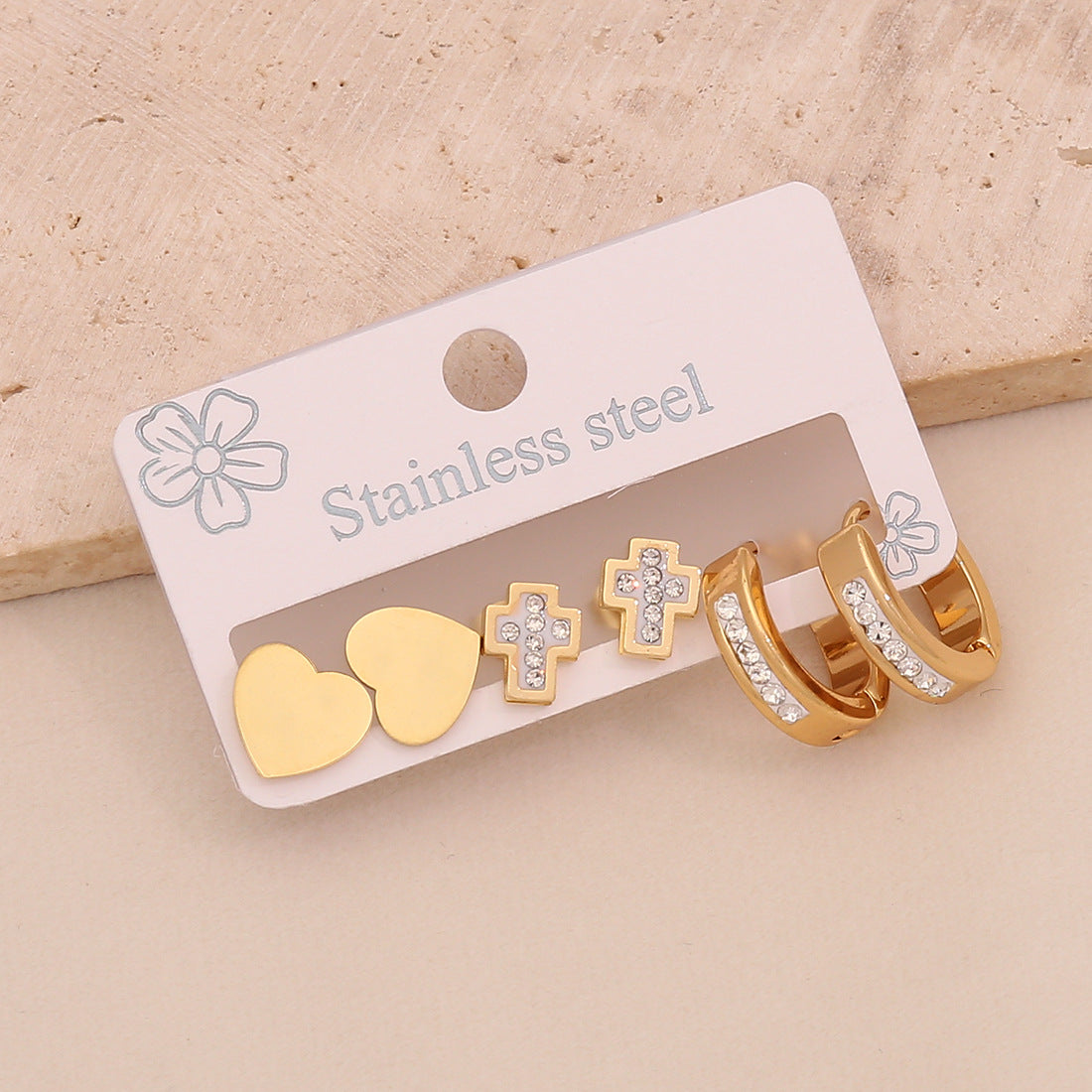 Orecchini a perno da donna a forma di cuore, stella, luna in acciaio inossidabile alla moda con intarsio completo di strass