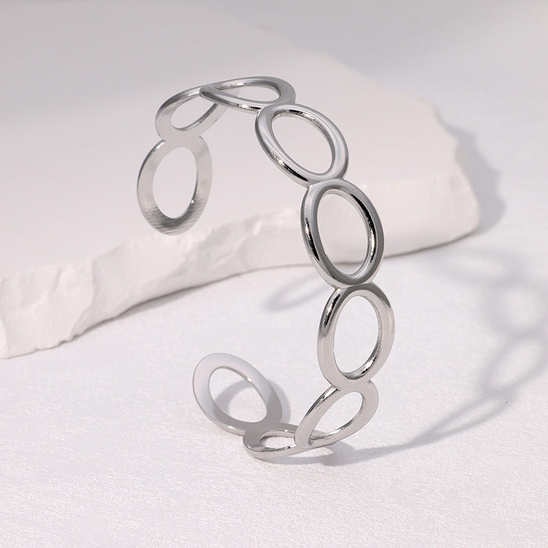 Minimalist Geometric Oval Stainless Steel Open Bangle Bracelet with Gold Plating