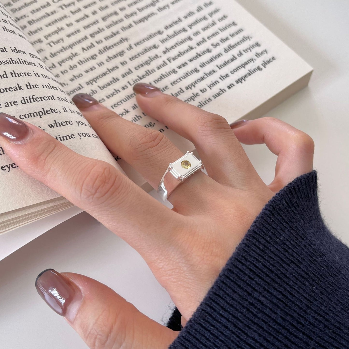 Irregular Textured S925 Sterling Silver Ring for Women with Inlay Detail, Minimalist and Trendy Design