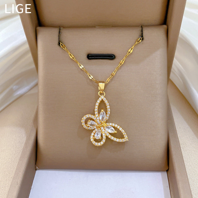 Sweet Butterfly Titanium Steel Necklace with Cubic Zirconia Inlay for Women and Men