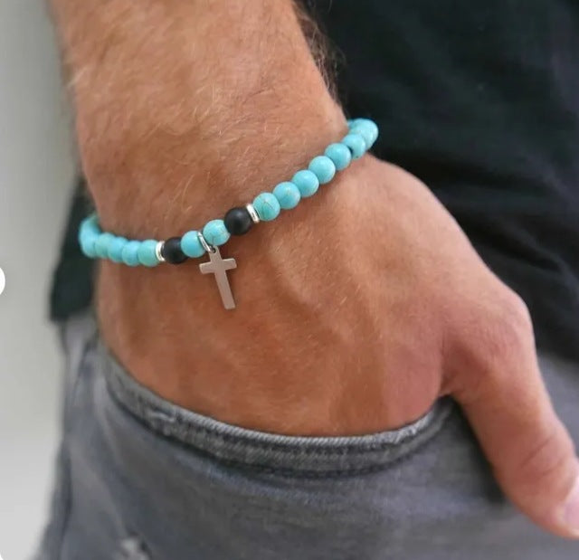 Bohemian Ethnic Turquoise Beaded Bracelet with Cross Pendant