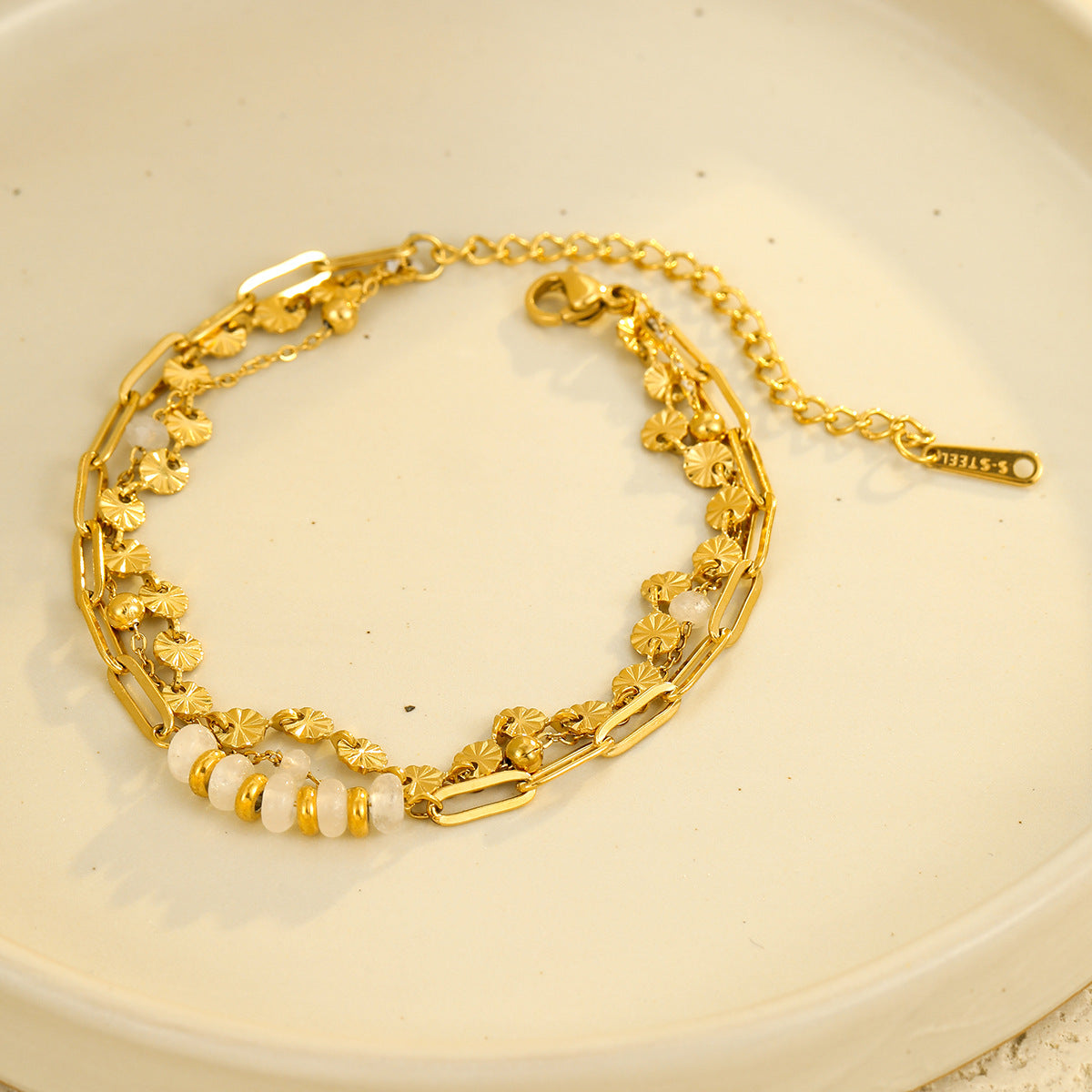 Fashionable OL Style Round Disc Stainless Steel Bracelet with Gold Plating for Women