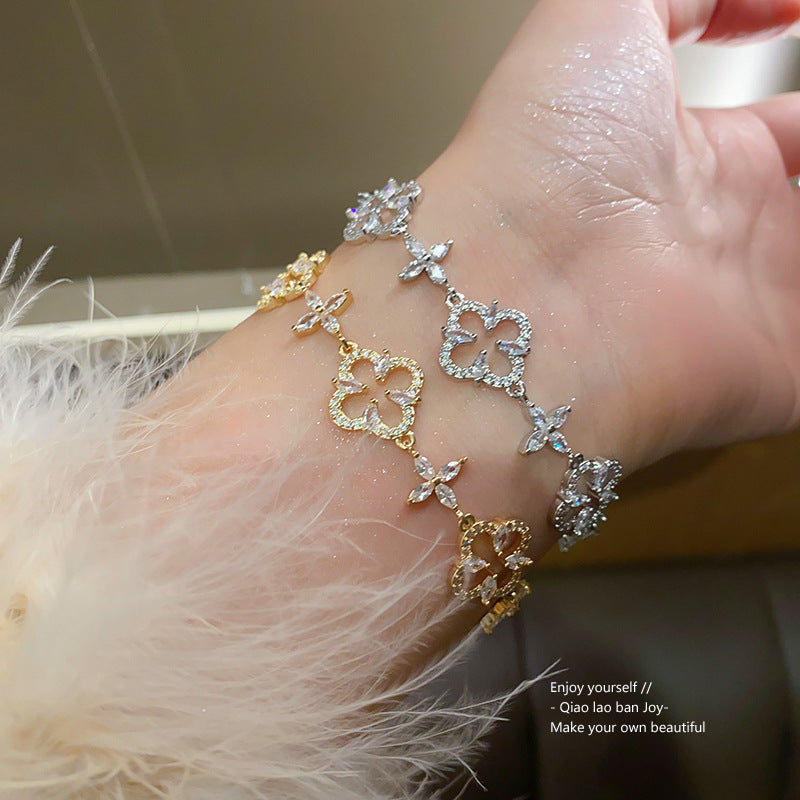 Elegant Floral Cubic Zirconia Inlaid Brass Bracelet for Women