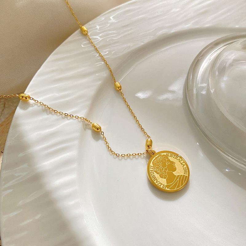 New Chinese Style Gold Plated Titanium Steel Round Pendant Necklace with Geometric Relief Design for Unisex