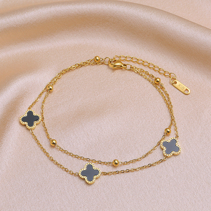 Minimalist Double Layer Four Leaf Clover Bracelet 18K Gold Plated Titanium Steel Women Jewelry