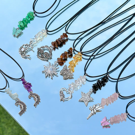 Rustic Butterfly Pendant Necklace with Tassels Star Moon Irregular Stone Charm Alloy Chain for Women