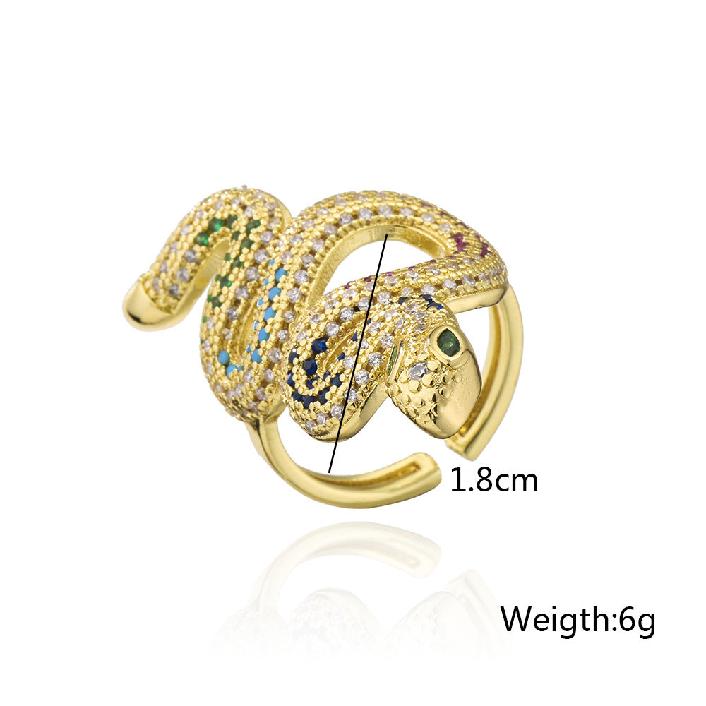 Minimalist Geometric Snake-Shaped Ring in Brass with Gold Plating and Micro-Paved Zirconia for Women
