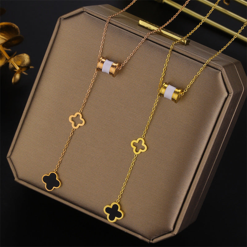 Minimalist Four-Leaf Clover Pendant Necklace in Titanium Steel with Gold Plating on Ball Chain for Women
