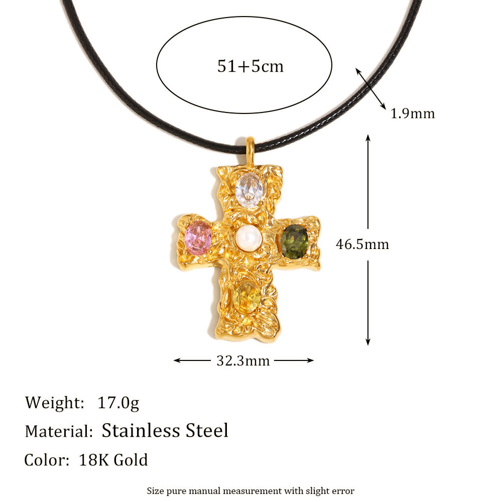 Fashionable Geometric Cross Pendant Necklace for Women Stainless Steel with 18K Gold Plating and Hammered Texture on Black Cord