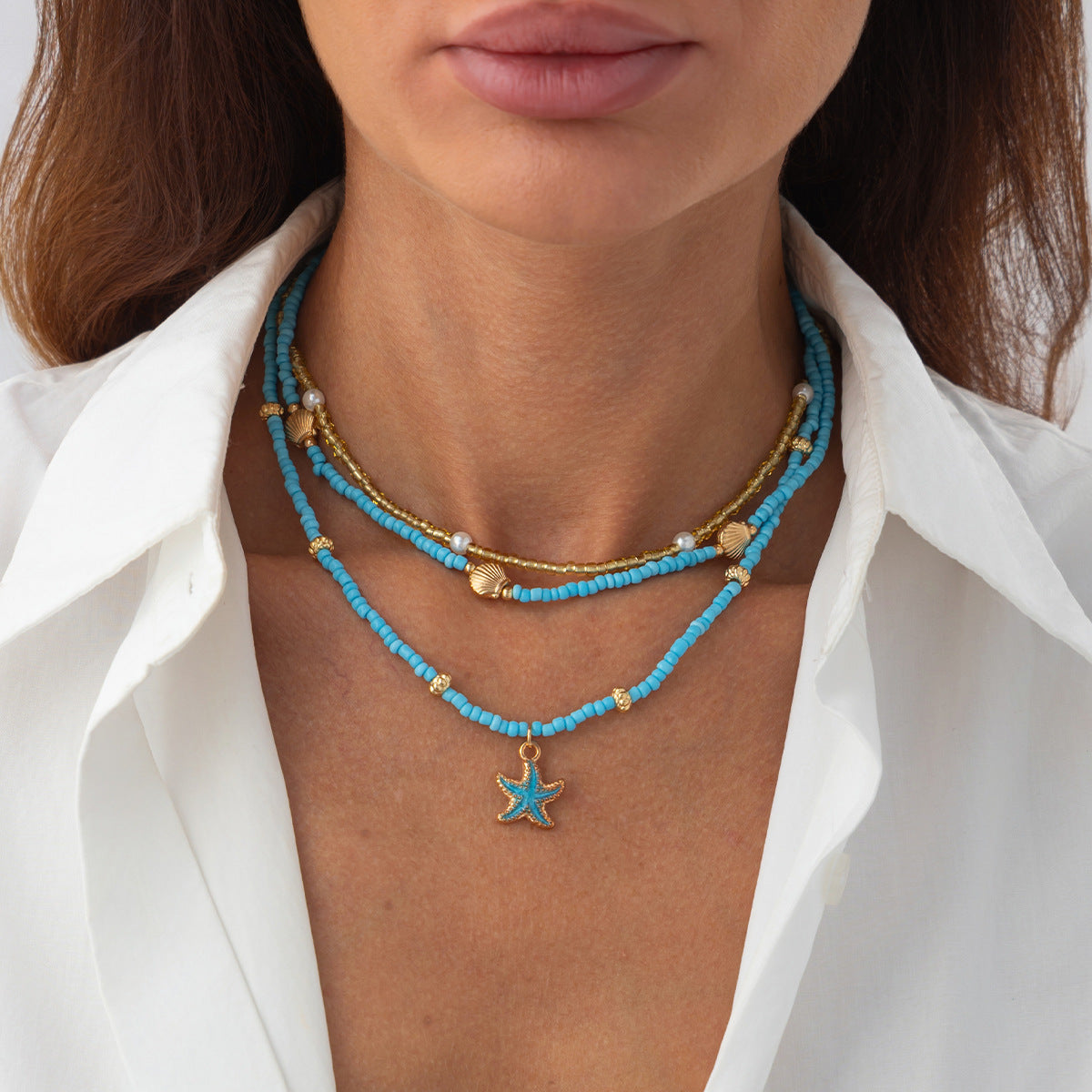 Collana Pendente a Stella Bohemien da Donna con Perle Imitazione e Ciondolo in Lega, Catena Clavicola a Strati Realizzata a Mano