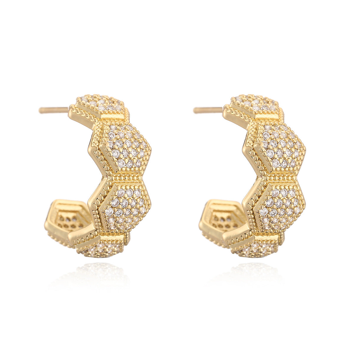 Minimalist Elegant Geometric C-Shaped Gold Plated Brass Earrings with Cubic Zirconia for Women