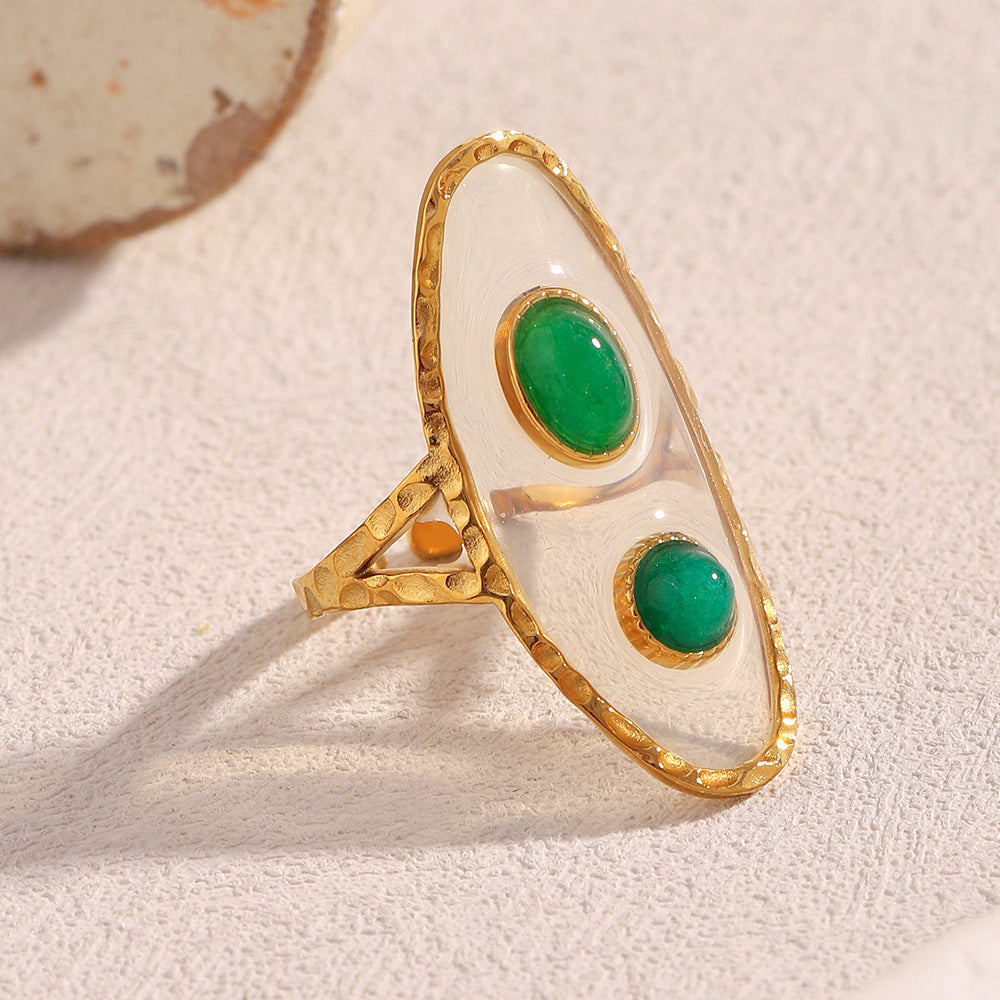 Anillo abierto de acrílico geométrico transparente verde estilo vintage de acero inoxidable con baño de oro de 18 quilates para mujer