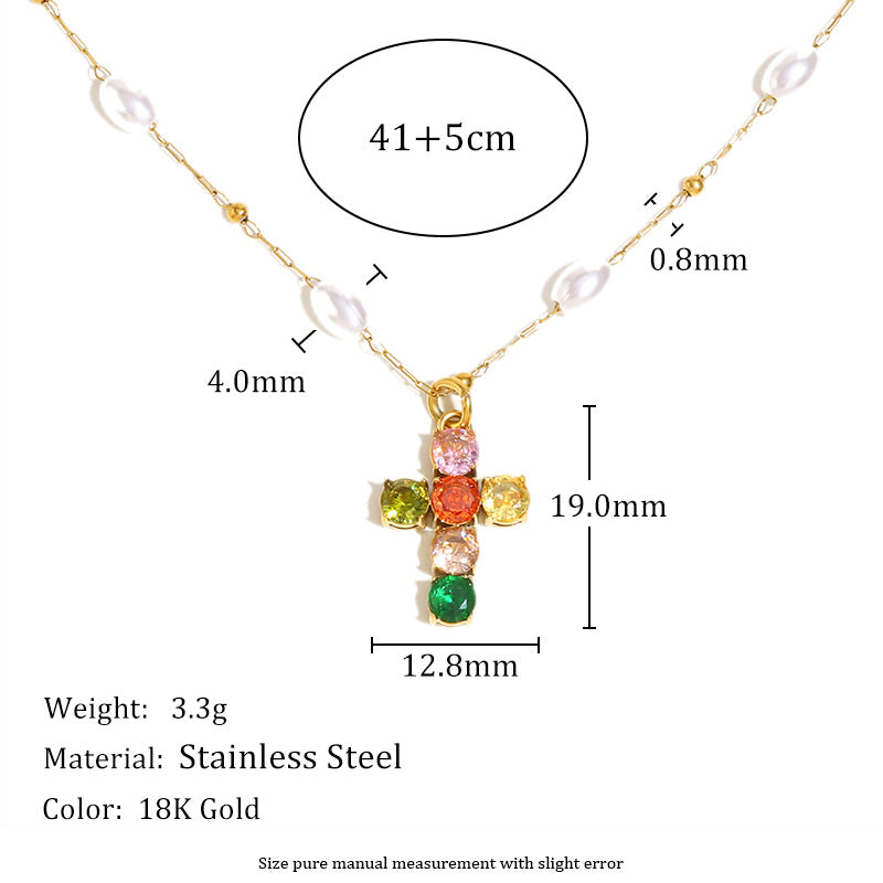 Elegant Minimalist Cross Pendant Necklace for Women Stainless Steel with 18K Gold Plating and Colorful Zircon Accents