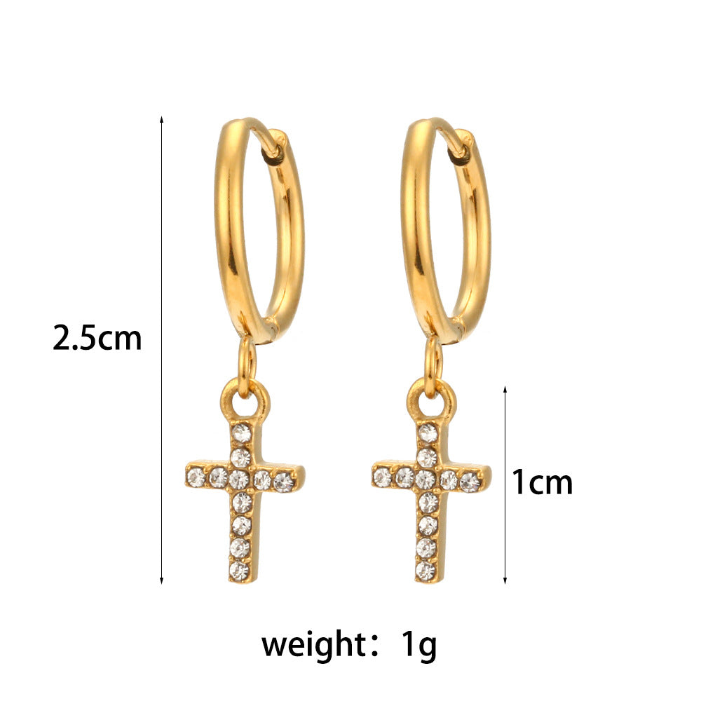 Fashionable Geometric Cross Earrings in Stainless Steel with 18K Gold Plating and Zircon Accents