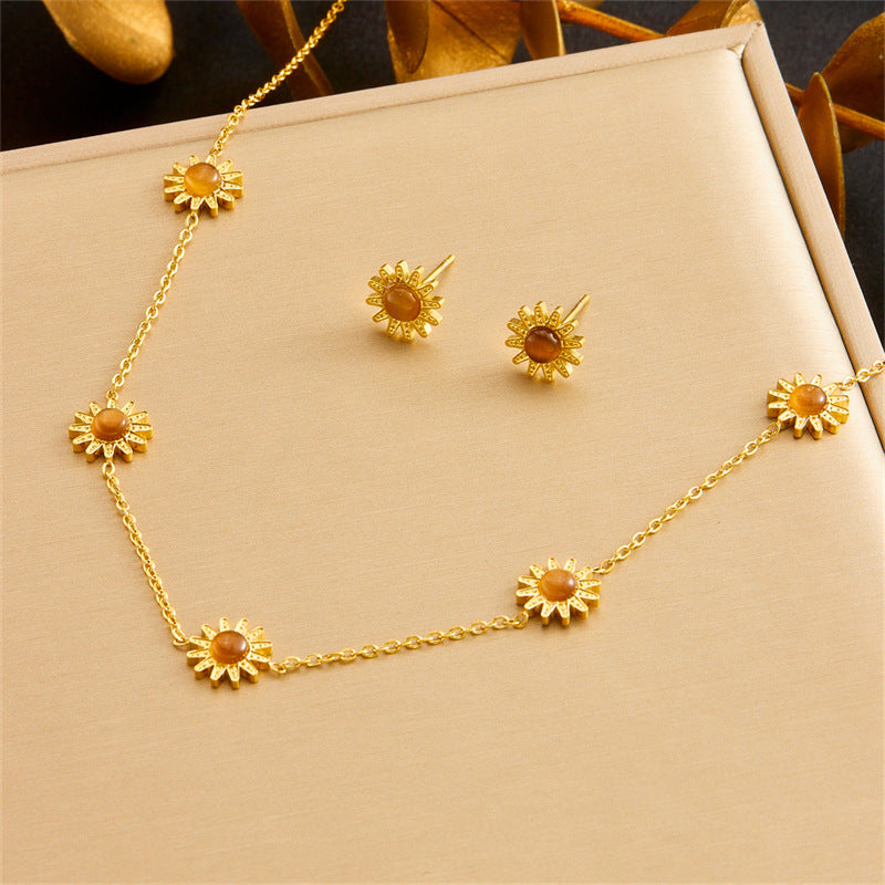 Fashion Elegant Floral Plant Agate Stainless Steel Plated Necklace Earring Bracelet Set for Women