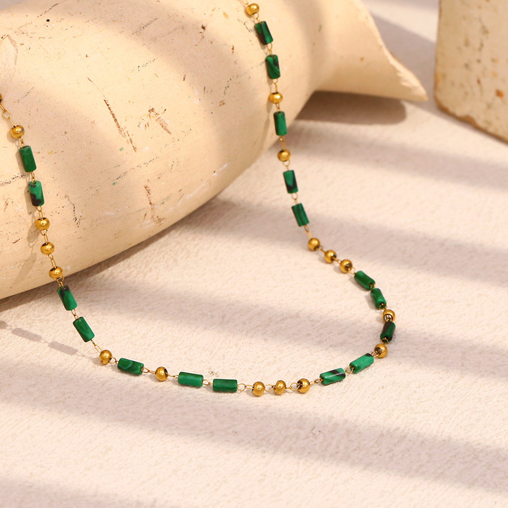 Vintage French Style Geometric Cylinder Pendant Necklace in Stainless Steel with 18K Gold Plating and Natural Stone Bead Accents