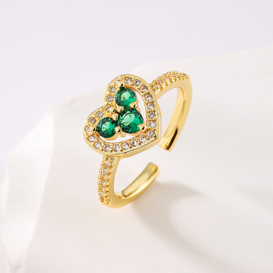 Elegant French-Style Geometric Open Ring for Women Made of Brass with Real Gold Plating and Micro-Paved Zirconia