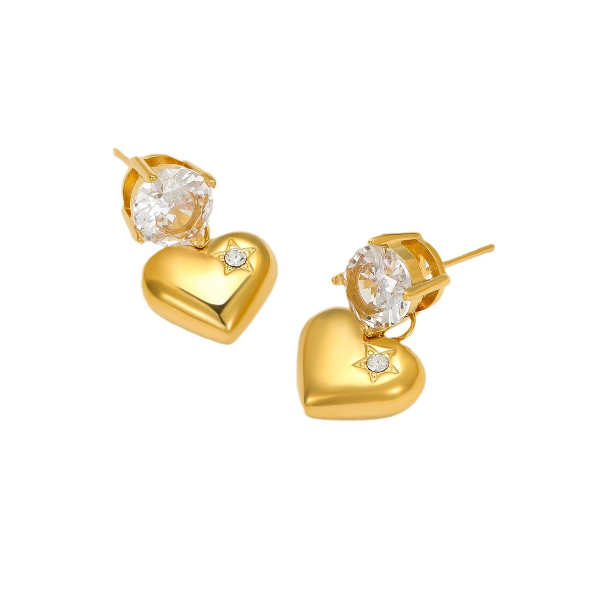 Orecchini a Cuore in Acciaio Inossidabile Stile Vintage con Placcatura in Oro e Intarsio di Zirconi Cubici