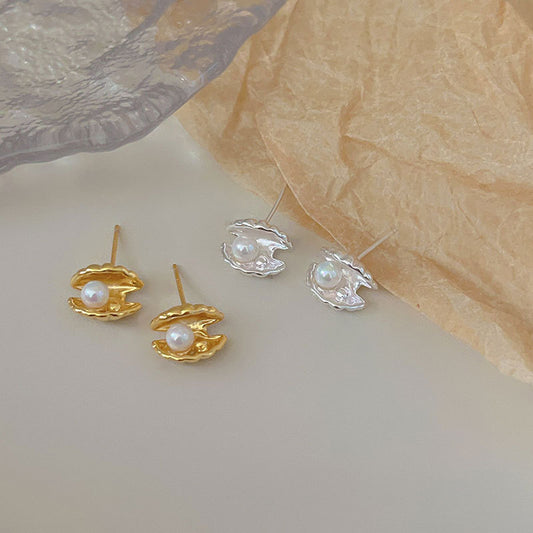 Minimalist Sweet 925 Sterling Silver Geometric Pearl Stud Earrings Gold Plated