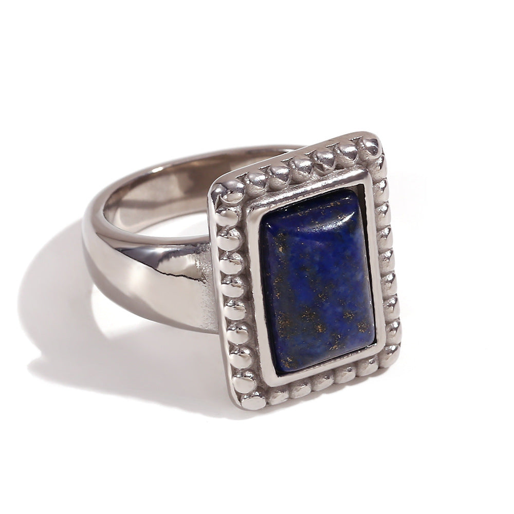 Vintage Geometric Stainless Steel Plated 18K Gold Lapis Lazuli Ring for Women