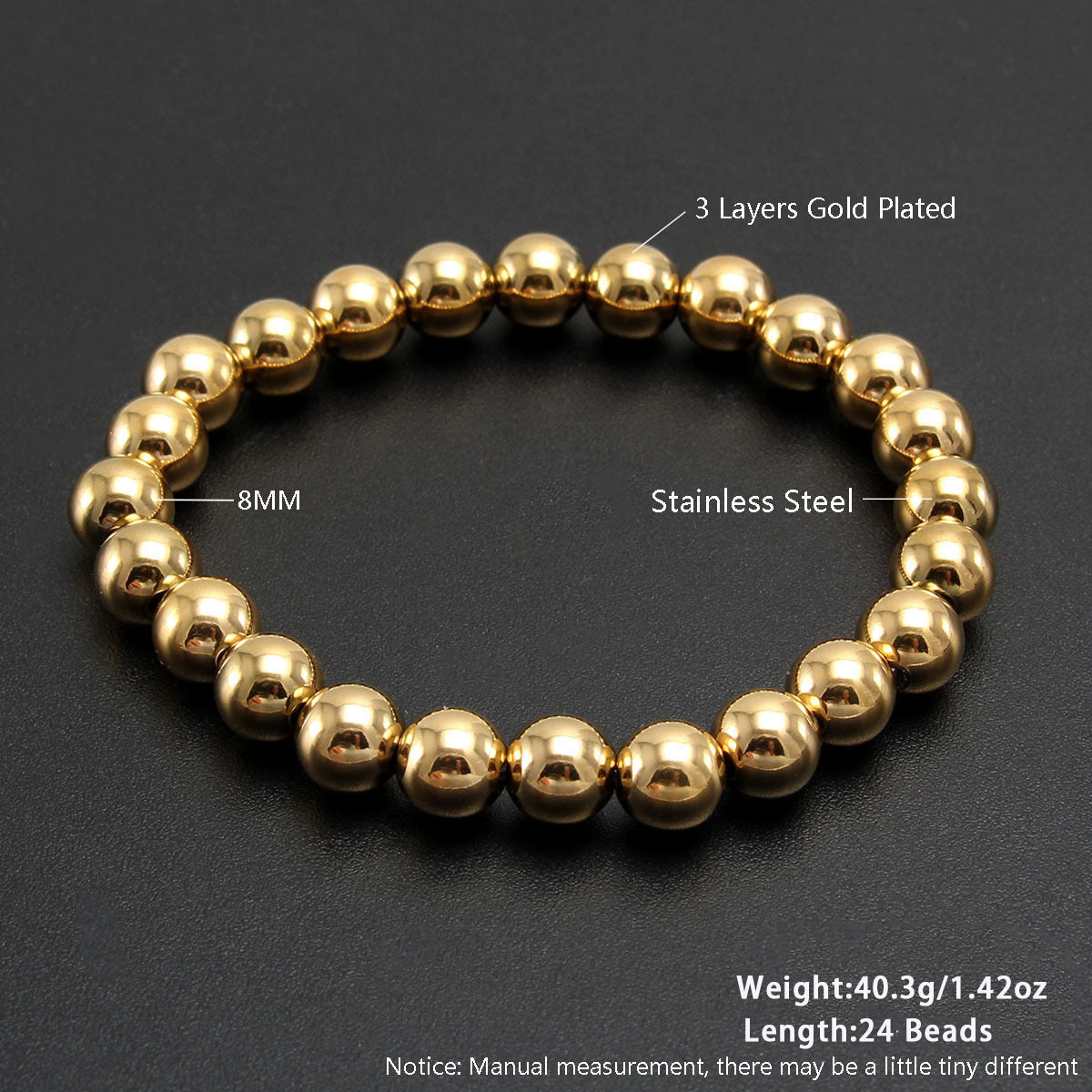 Gold Plated Stainless Steel Ball Chain Bracelet Unisex Elastic Beaded Hand String