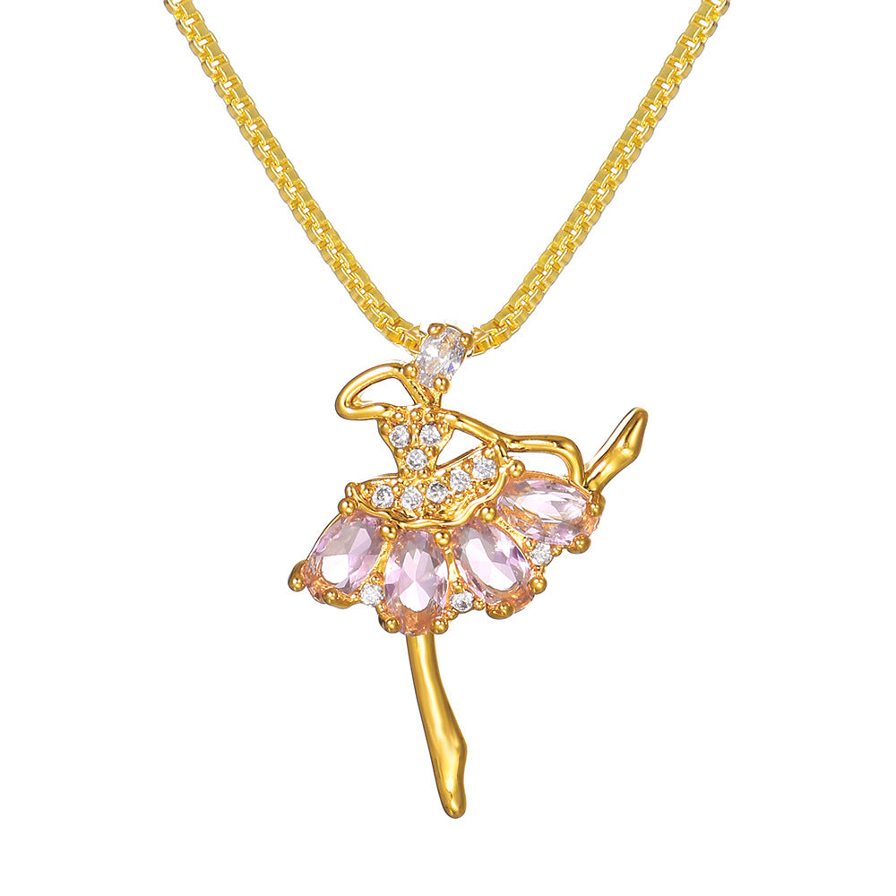 Sweet Geometric Brass Plated Cubic Zirconia Necklace with Box Chain for Women