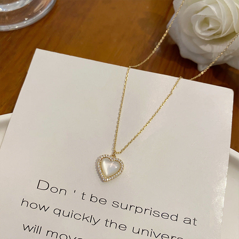 Minimalist Heart-Shaped Titanium Steel Necklace with Rhinestone Inlay for Women, Delicate Clavicle Chain