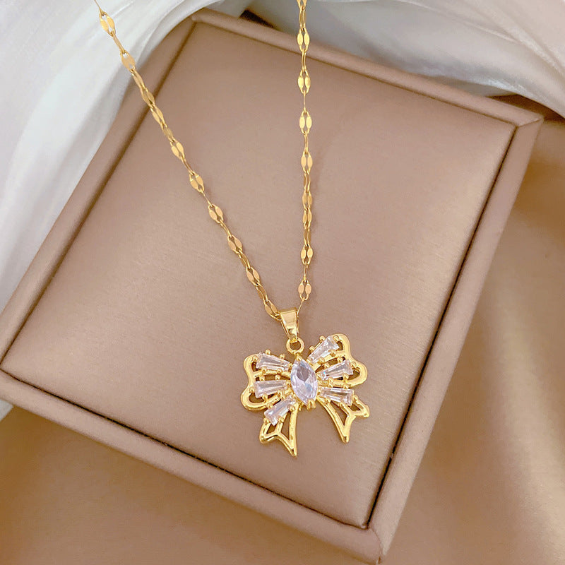 Luxury Hollow-Out Butterfly Pendant Necklace for Women Stainless Steel Delicate Locket Chain with Rhinestone Inlay