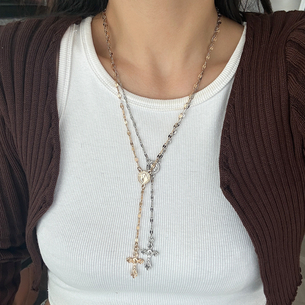 Elegant Cross Pendant Gemstone Inlay Brass Necklace for Women
