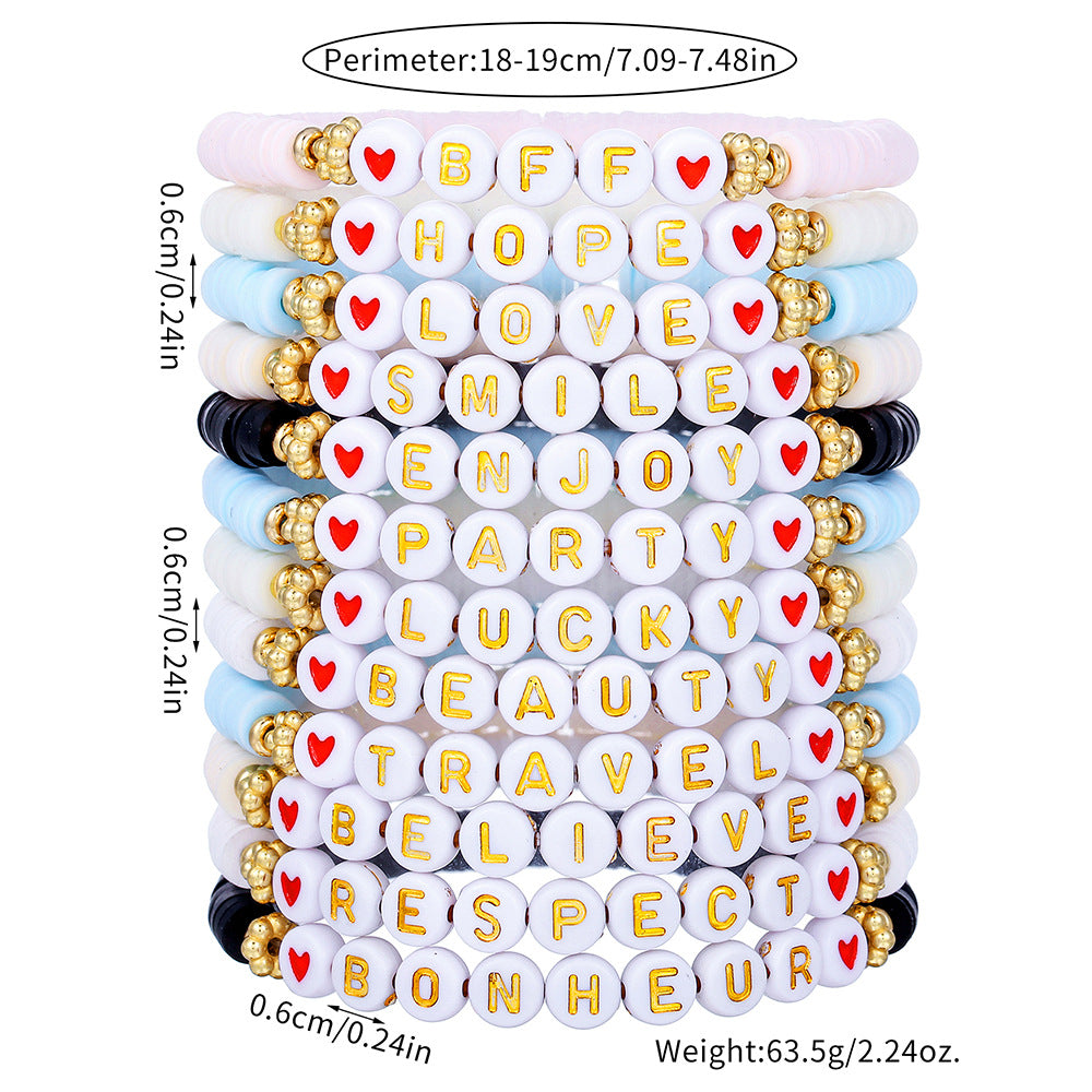 Set di braccialetti con lettere in argilla polimerica colorata per bambini con perline di rame e dettagli in acrilico, braccialetti elasticizzati multistrato impilabili per migliori amiche