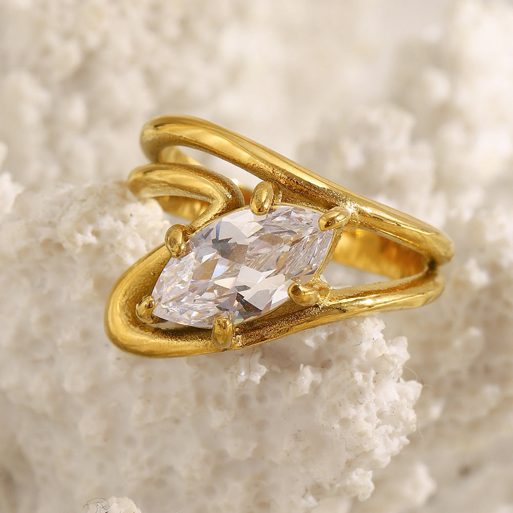 Anello da donna a doppio strato a forma di marquise, geometrico e minimalista, in acciaio inossidabile placcato oro 18 carati