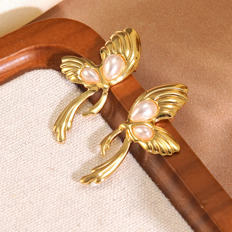 Vintage Butterfly Pearl Stamping Stainless Steel Tassel Earrings for Women