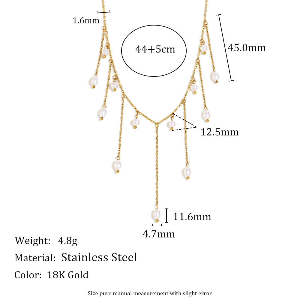 Fashionable Vintage-Inspired Geometric Pendant Necklace in Stainless Steel with 18K Gold Plating and Imitation Pearl Fringe for Women
