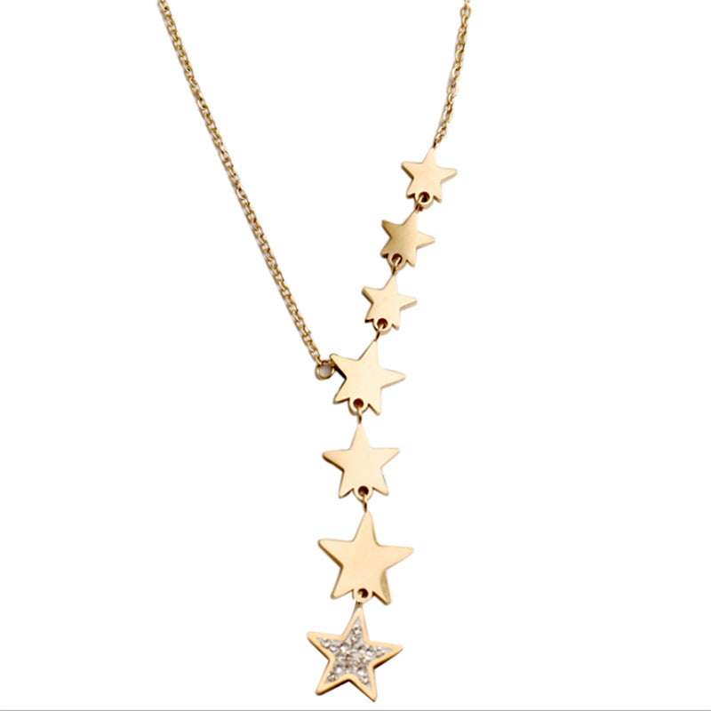 Minimalist Star-Shaped Stainless Steel Pendant Necklace with Rhinestone Inlay and Tassel Detail for Women