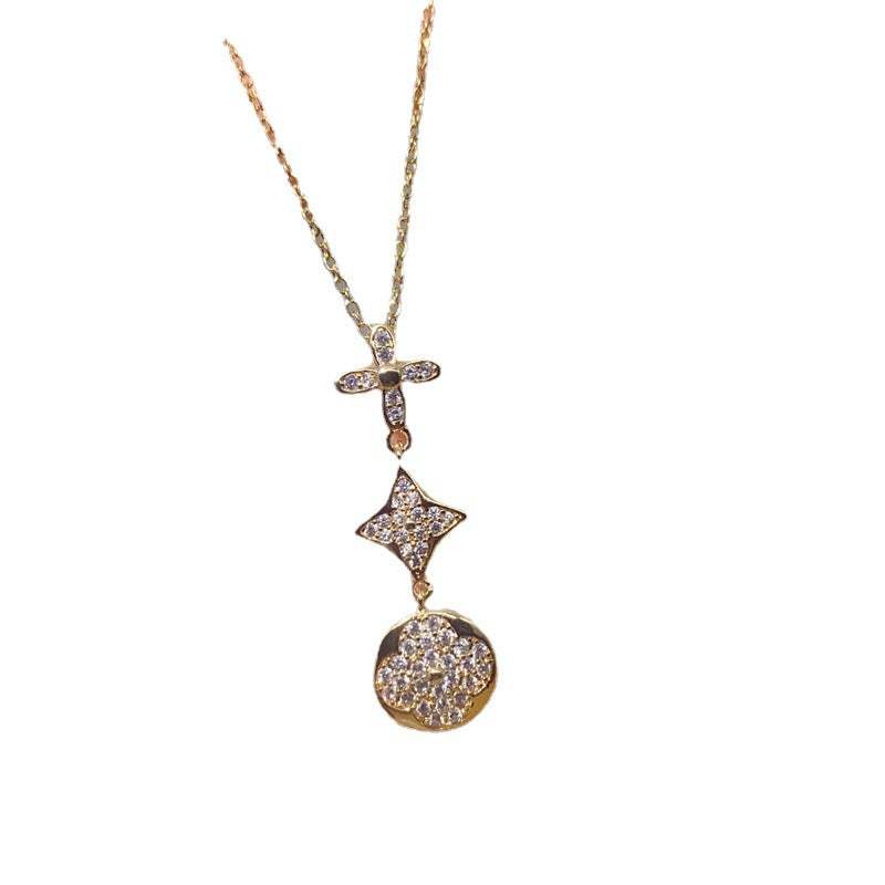 Minimalist Floral Three-Flower Titanium Steel Necklace for Women with Micro-Pavé Zirconia and Polished Ball Chain