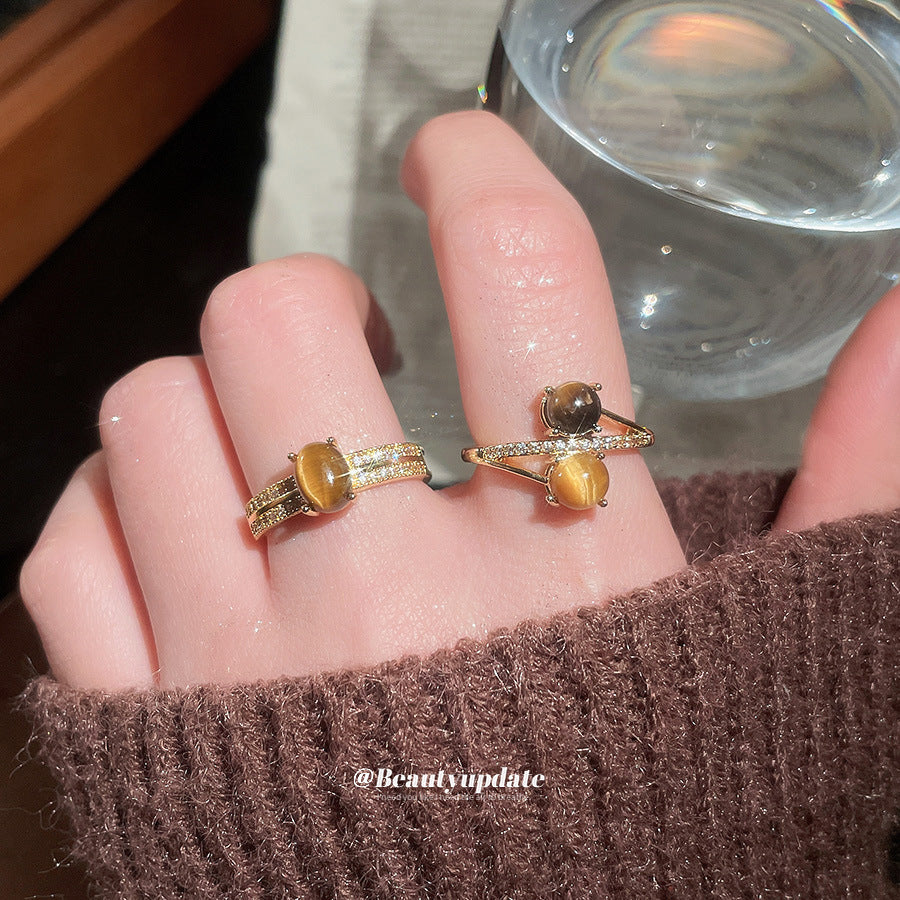 Anello da dito da donna in stile vintage con occhio di tigre geometrico ispirato alla melanina e intarsio in zircone