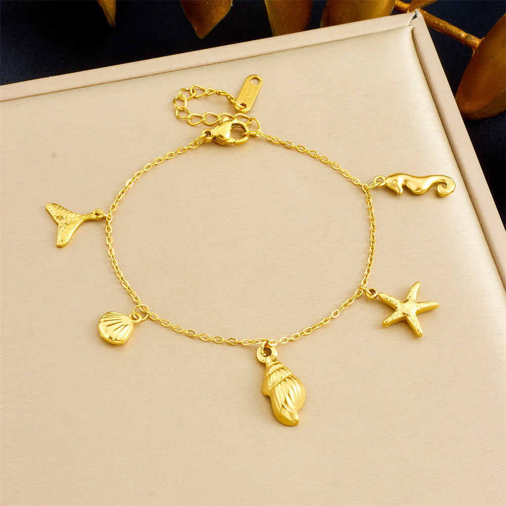 Fashion Ocean-Themed Pendant Set with Starfish and Seashell Motifs Stainless Steel Plated Necklace and Bracelet for Women