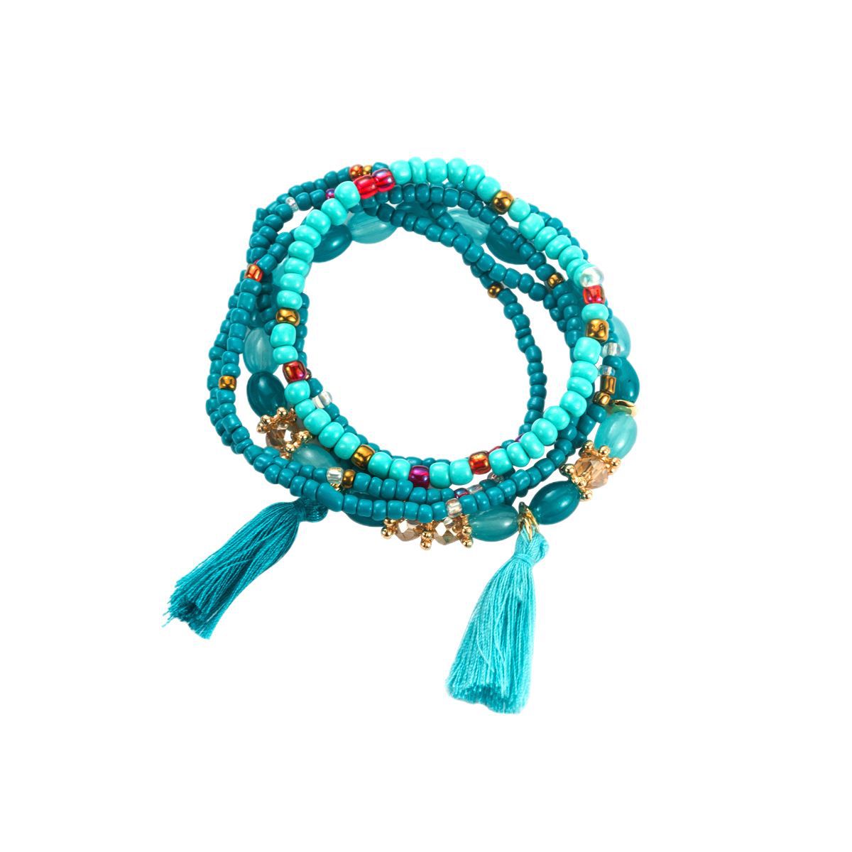 Bracciale con nappine in stile etnico con base in lega e perline fatte a mano da donna