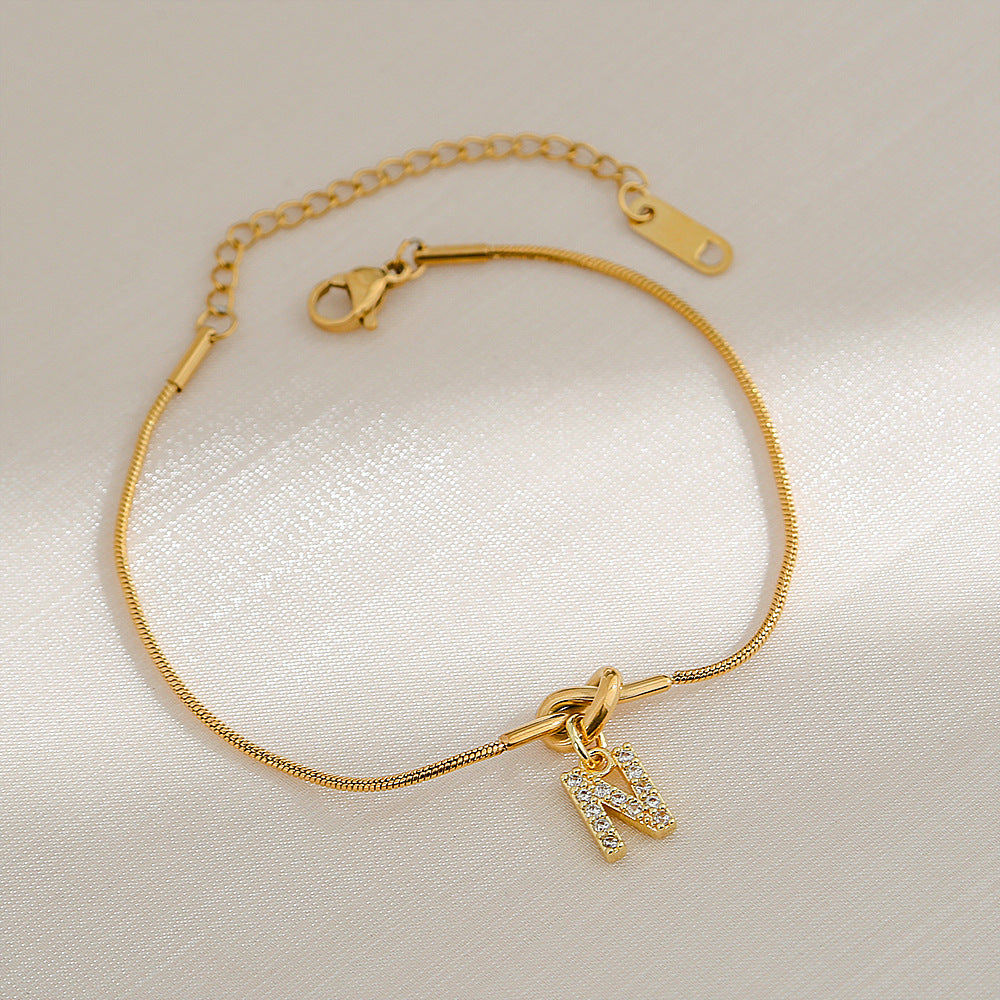 18K Gold Plated Stainless Steel Letter Heart Knot Charm Bar Bracelet for Women
